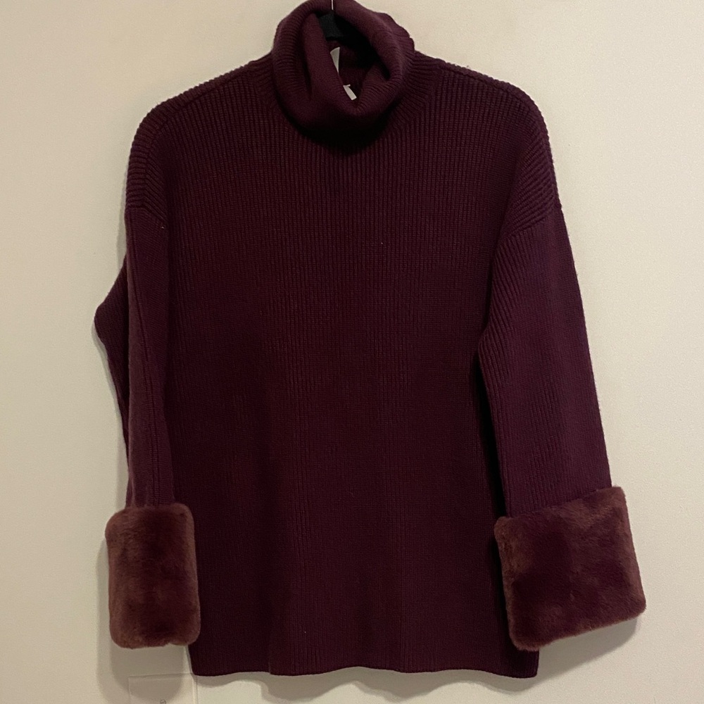 Wynne Layers Turtleneck Sweater with Faux Fur Cuffs - Wine